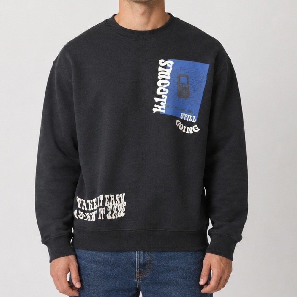 Forever 21 Men Black‎ Blue Crewneck Sweatshirt Smooth Take it Easy Size Large